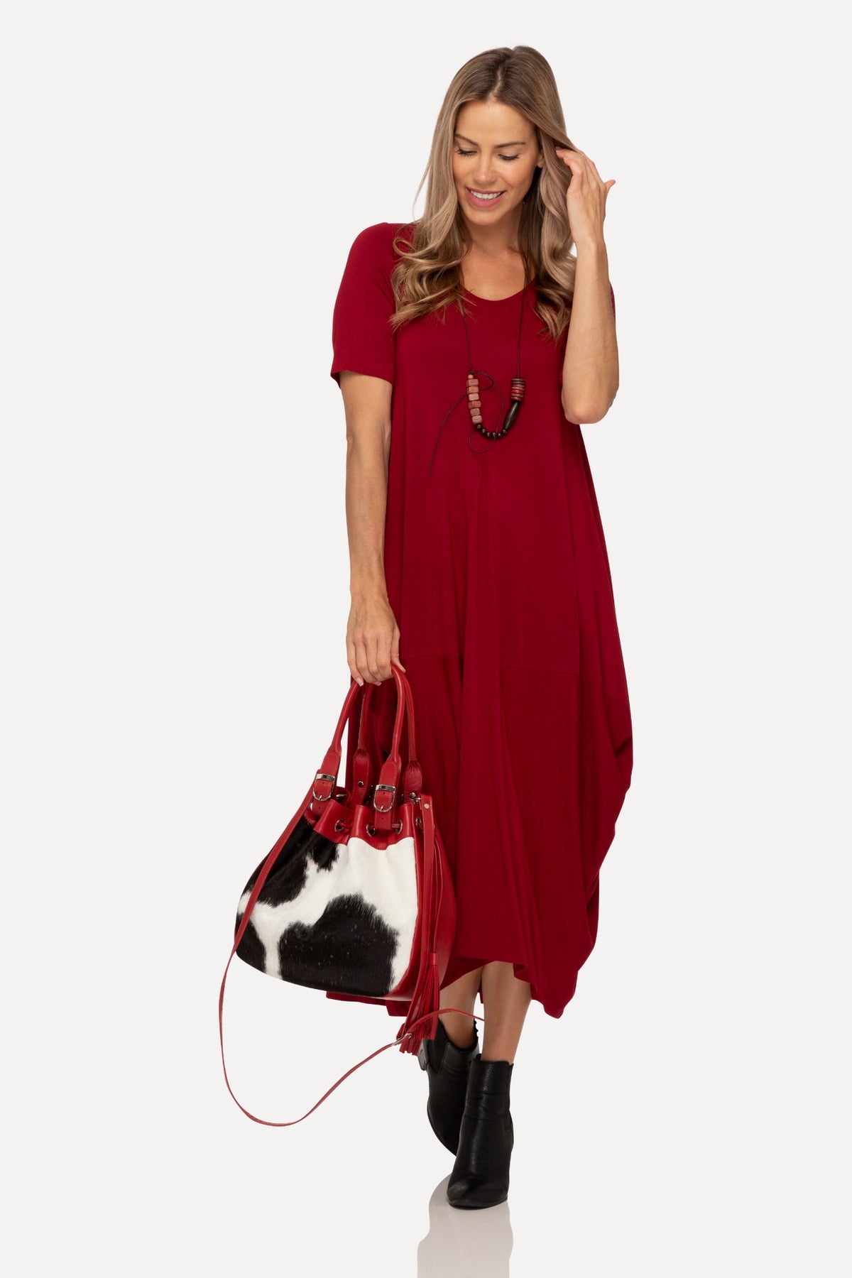 Lani short sleeve tulip dress in Dark Cherry Red — front view