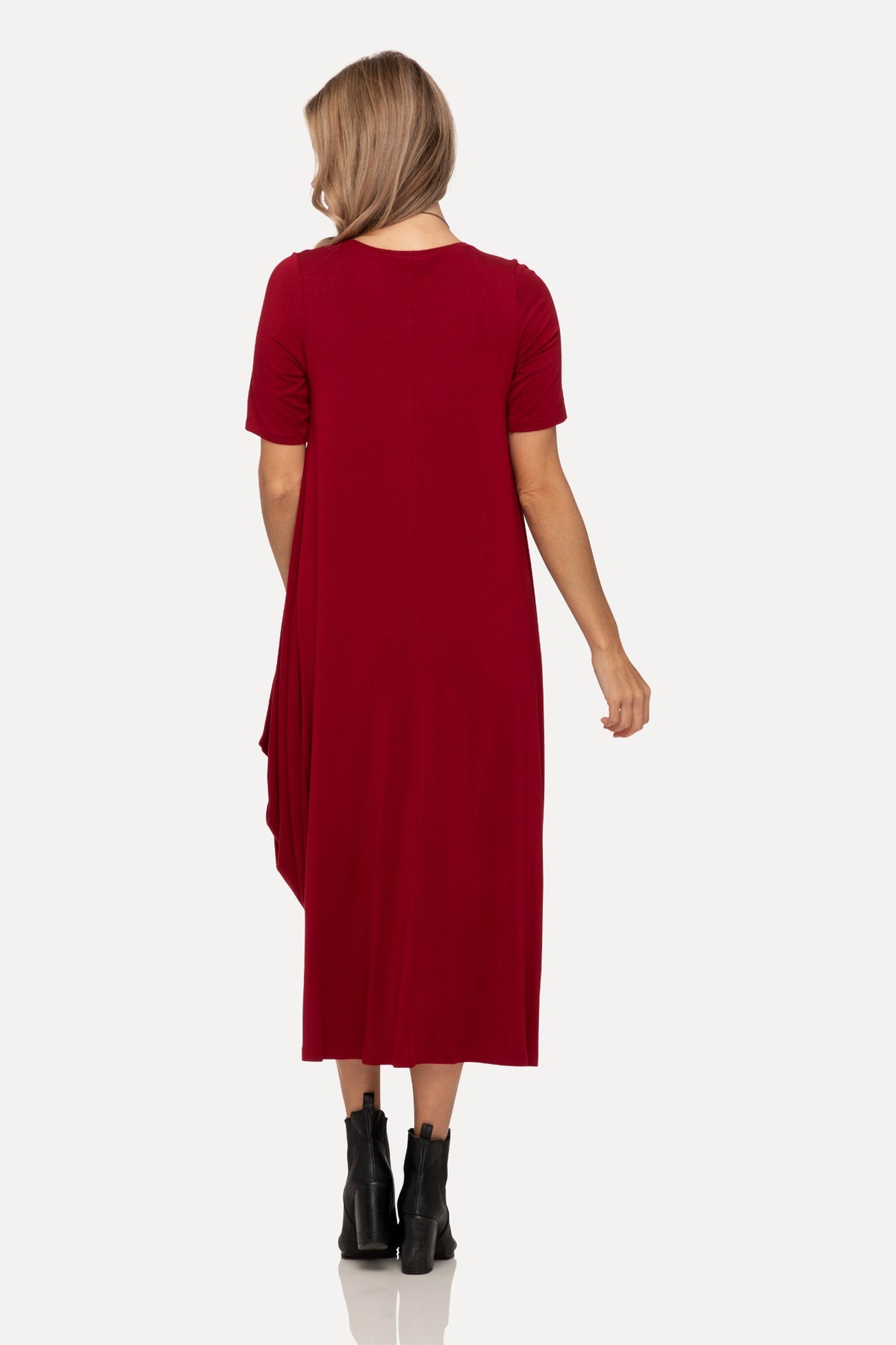 Lani short sleeve tulip dress in Dark Cherry Red — back view