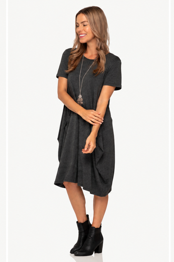Tui Short Sleeve Lantern Dress in Charcoal Marl, angled view