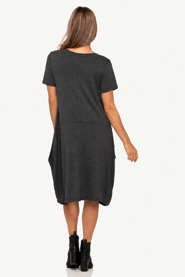 Tui Short Sleeve Lantern Dress in Charcoal Marl, back view