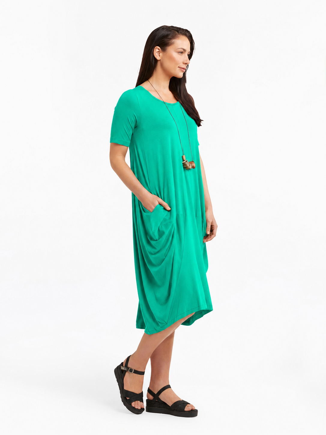 Lani short sleeve tulip dress in Aqua Green — side view