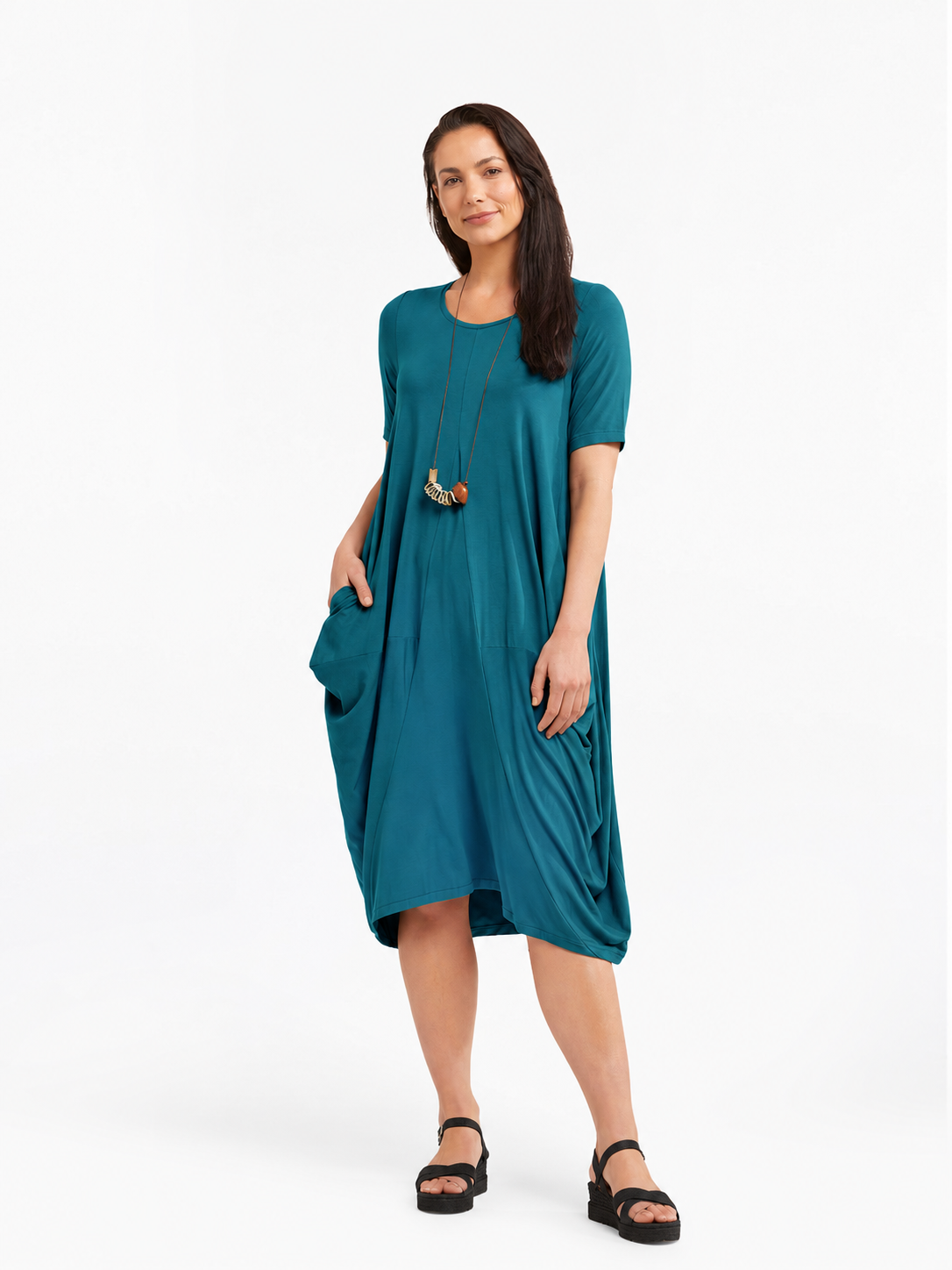 Lani short sleeve tulip dress in Bright Peacock — front view