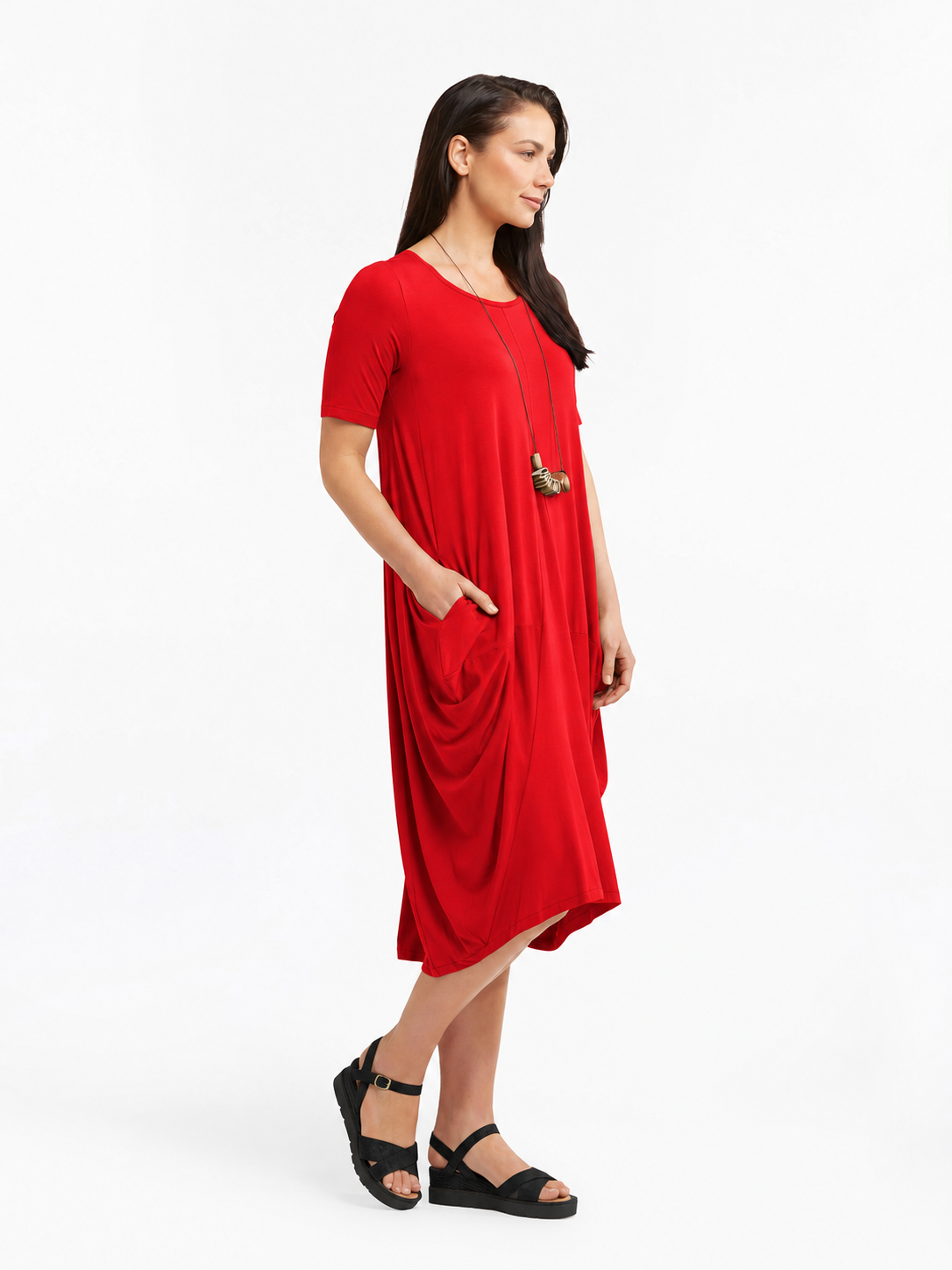 Lani short sleeve tulip dress in Red — side view