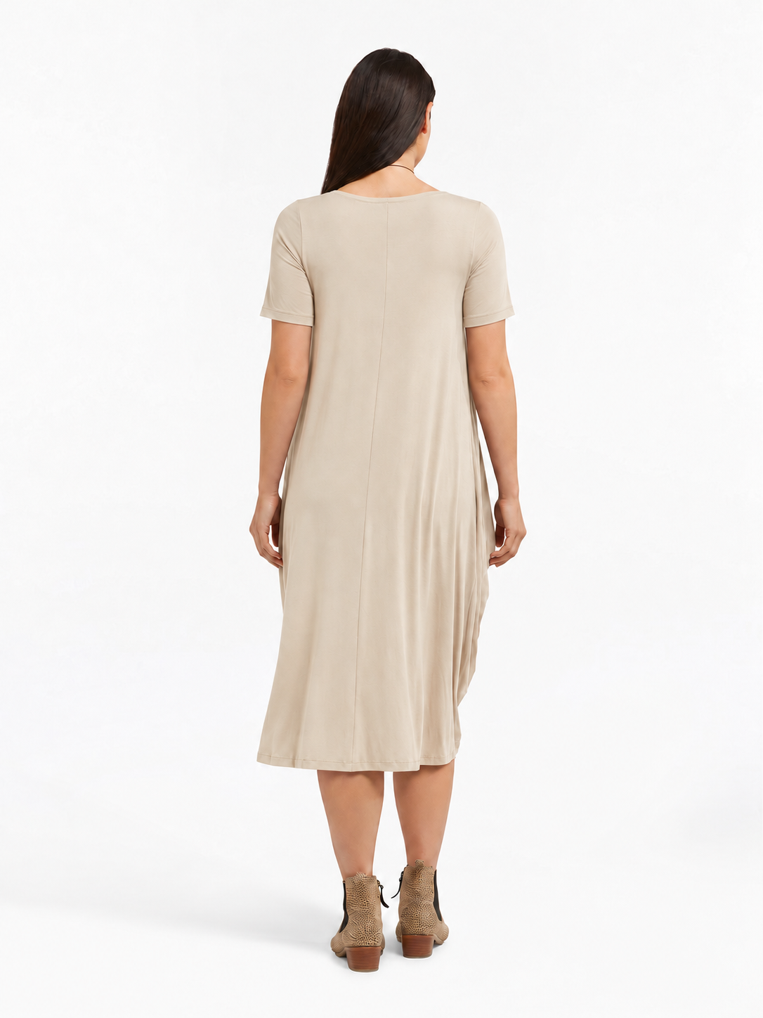 Lani short sleeve tulip dress in Sand Beige — back view