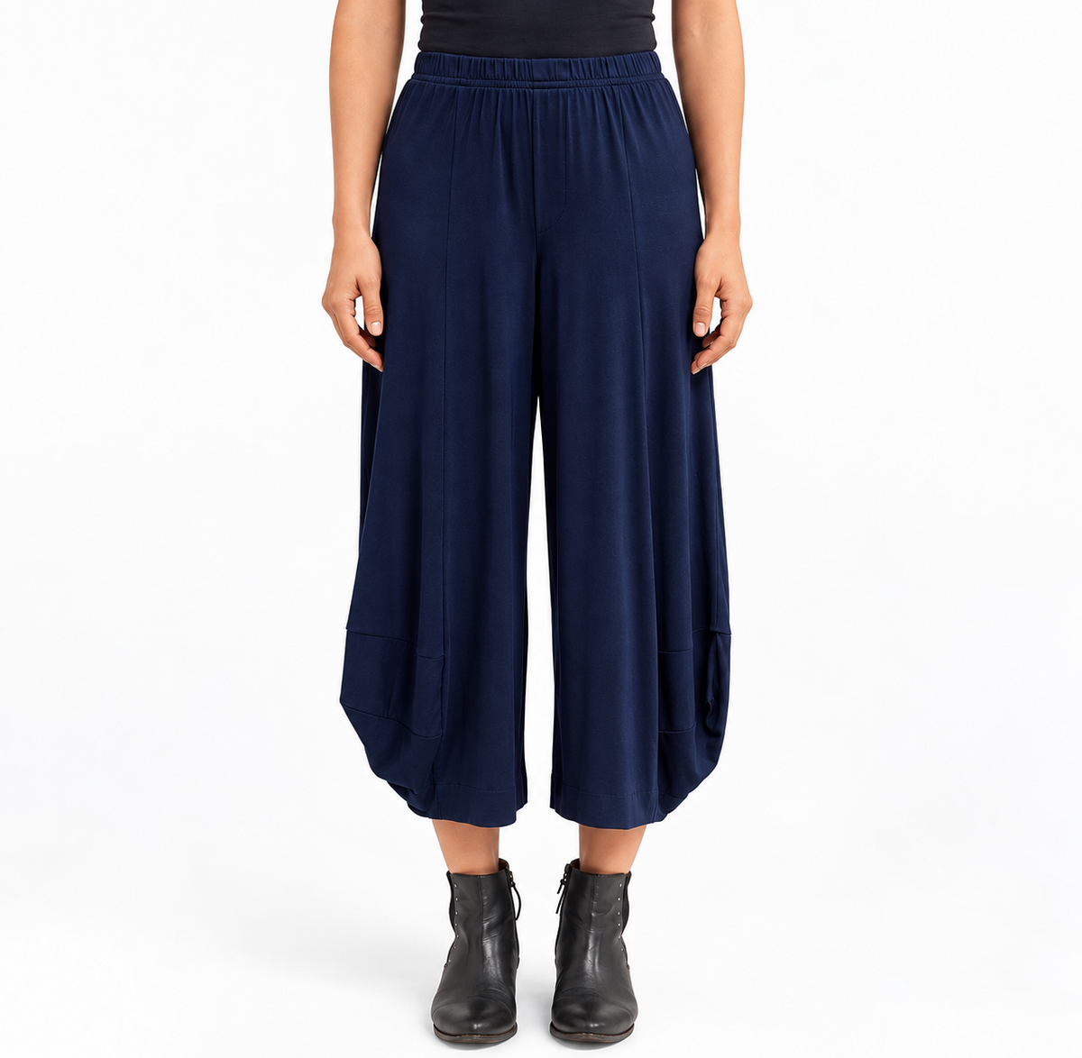 Front view of the Bright Navy Blue Marlee Wide Leg Pants, showing the waistband and cocoon hem.