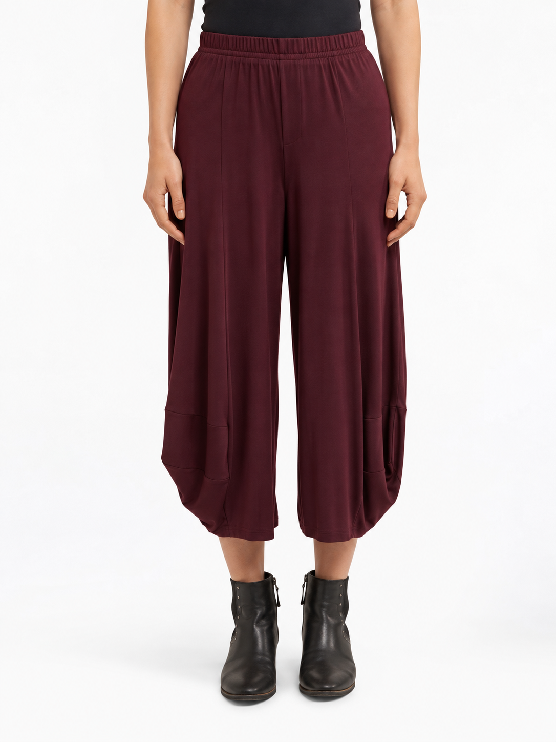 front view of the Shiraz Red Marlee Wide Leg Pants, showing the waistband and cocoon hem