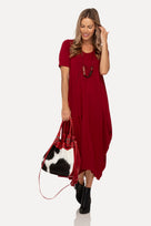 Lani short sleeve tulip dress in Dark Cherry Red — front view
