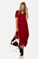 Lani short sleeve tulip dress in Dark Cherry Red — front view