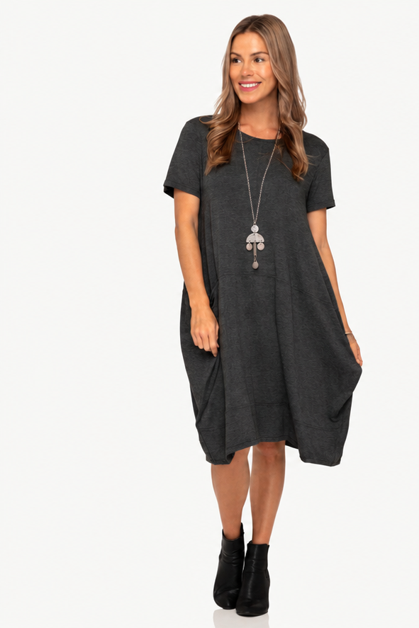 Tui Short Sleeve Lantern Dress in Charcoal Marl, front view