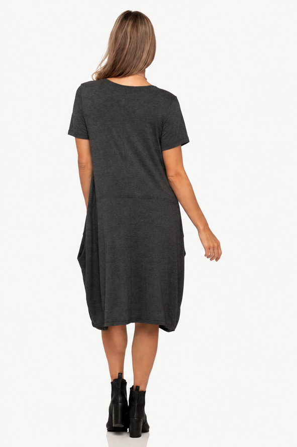 Tui Short Sleeve Lantern Dress in Charcoal Marl, back view
