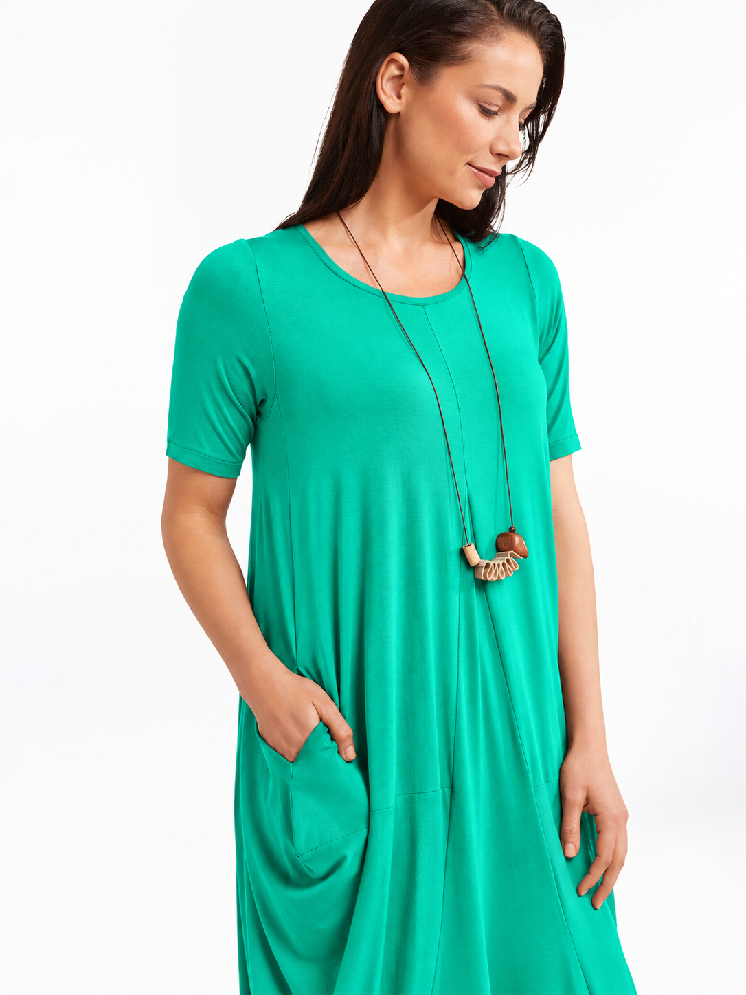 Lani short sleeve tulip dress in Aqua Green — detail view