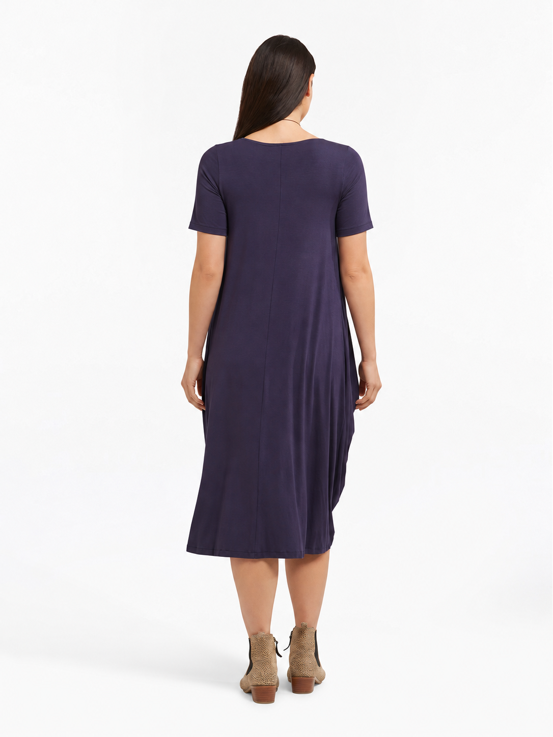 Lani short sleeve tulip dress in Berry Blue — back view