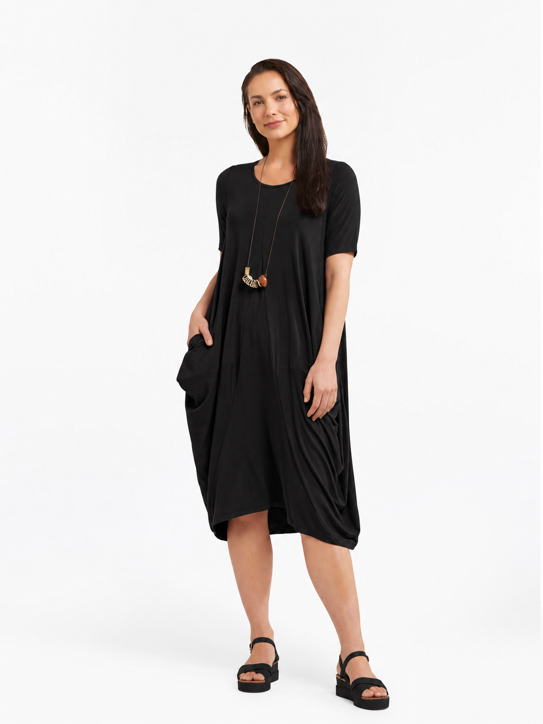 Lani short sleeve tulip dress in Black — front view