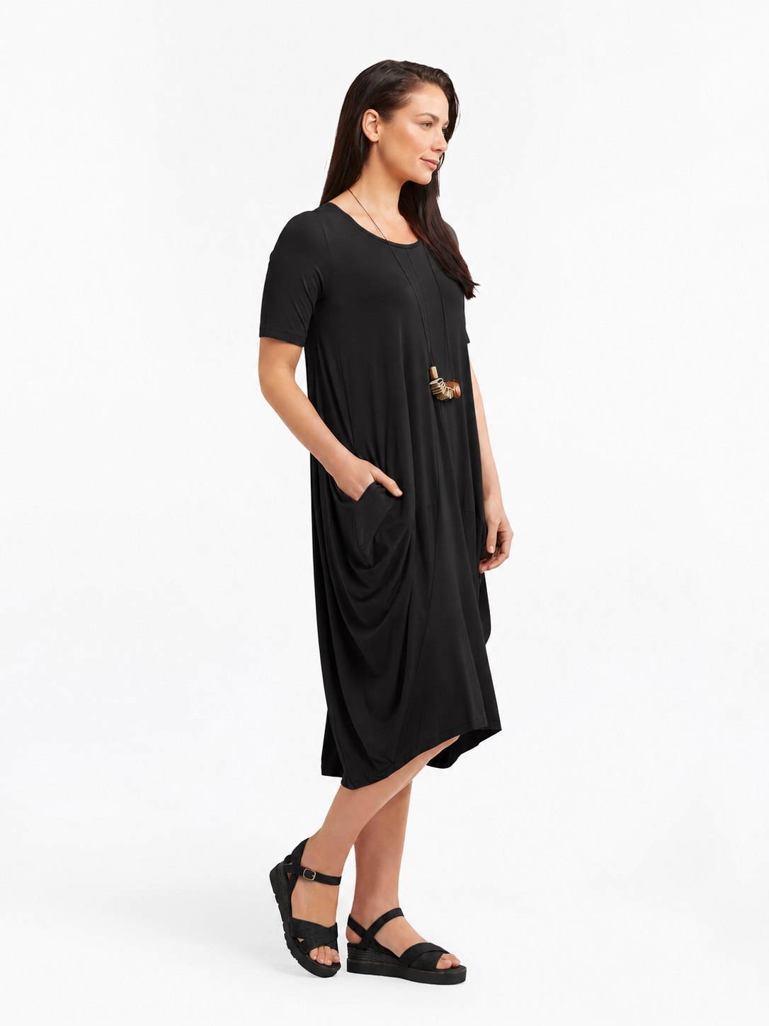 Lani short sleeve tulip dress in Black — side view