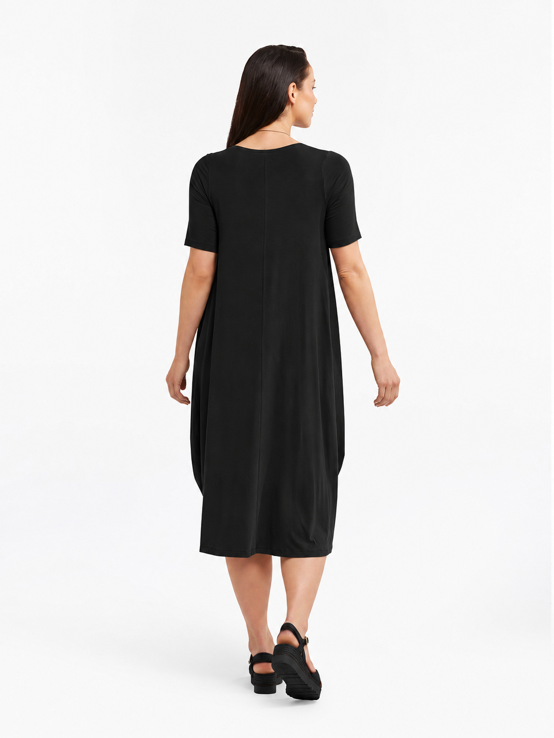 Lani short sleeve tulip dress in Black — back view