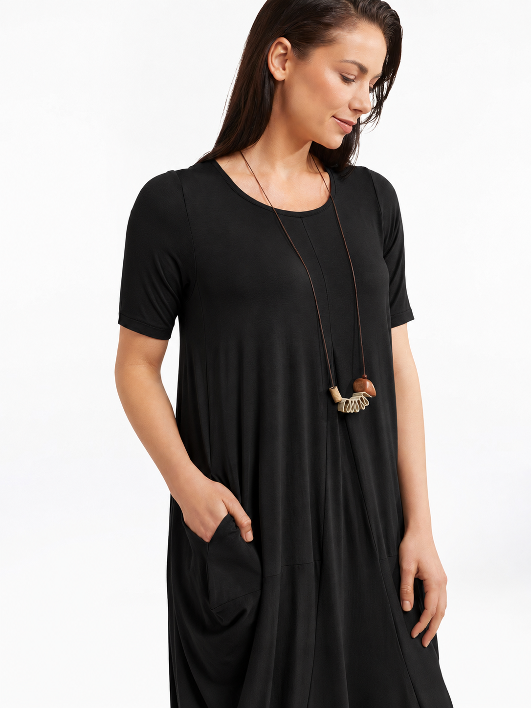 Lani short sleeve tulip dress in Black — detail view