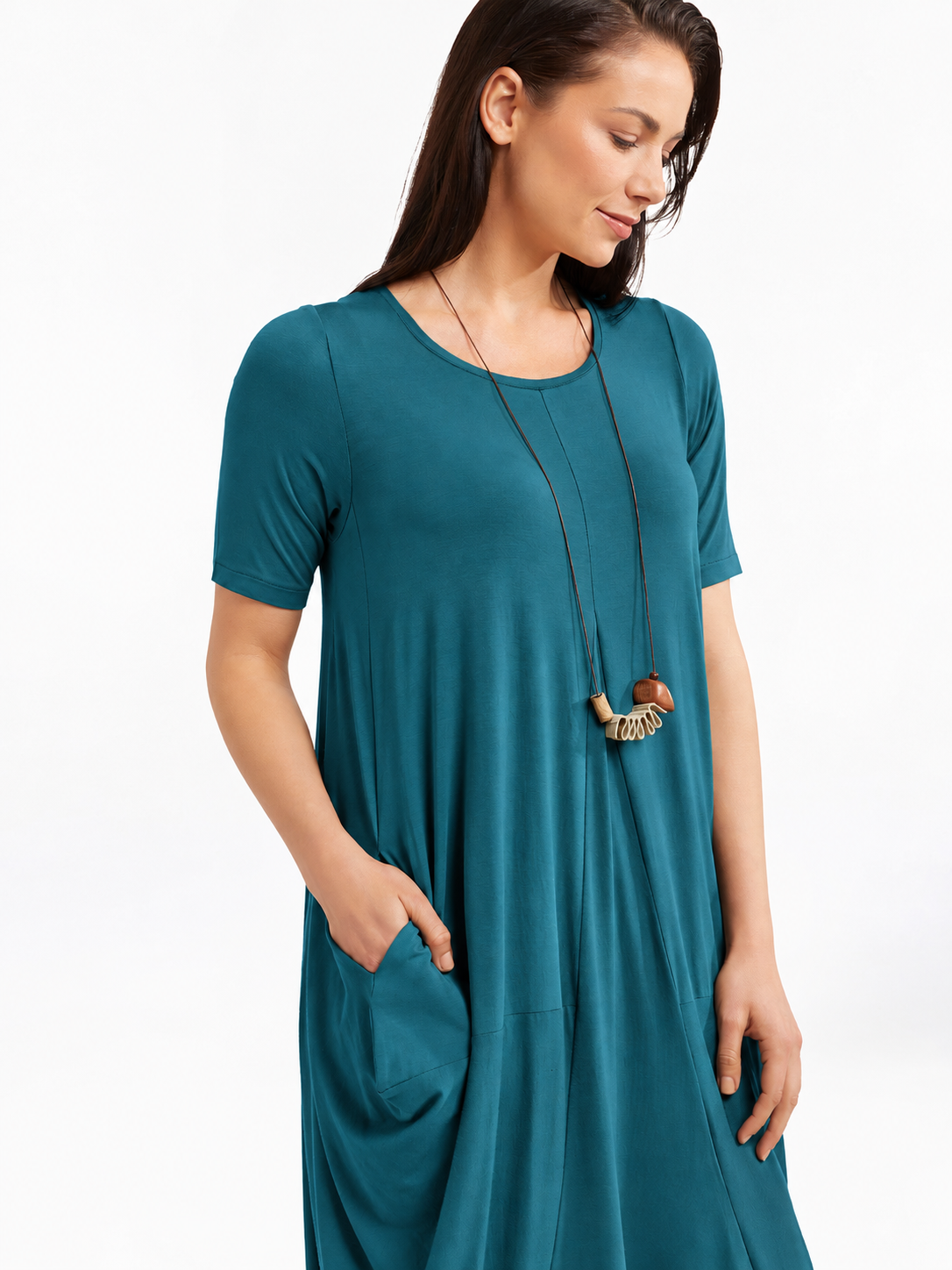 Lani short sleeve tulip dress in Bright Peacock — detail view