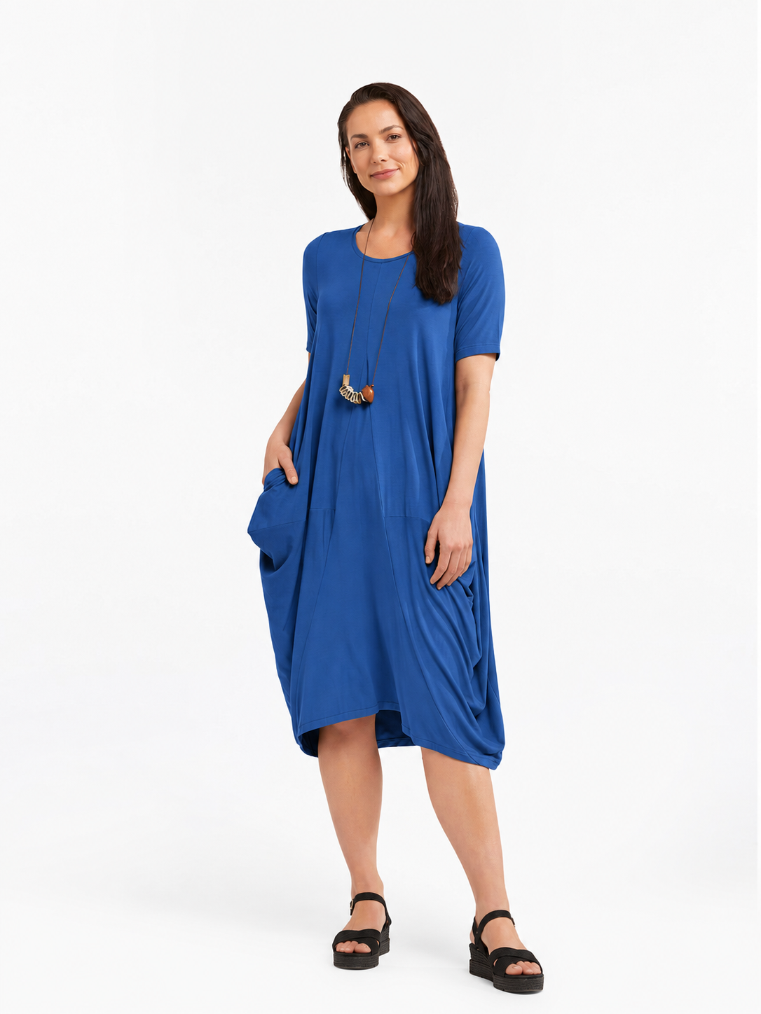 Lani short sleeve tulip dress in Ocean Blue — front view