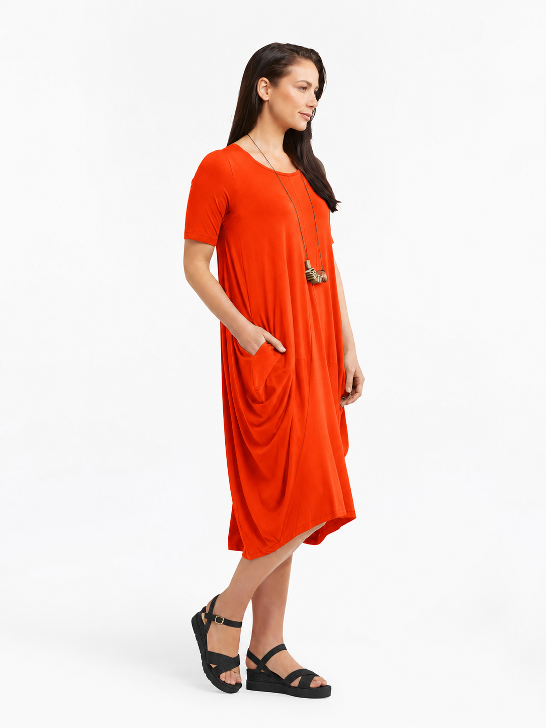 Lani short sleeve tulip dress in Orange Red — side view