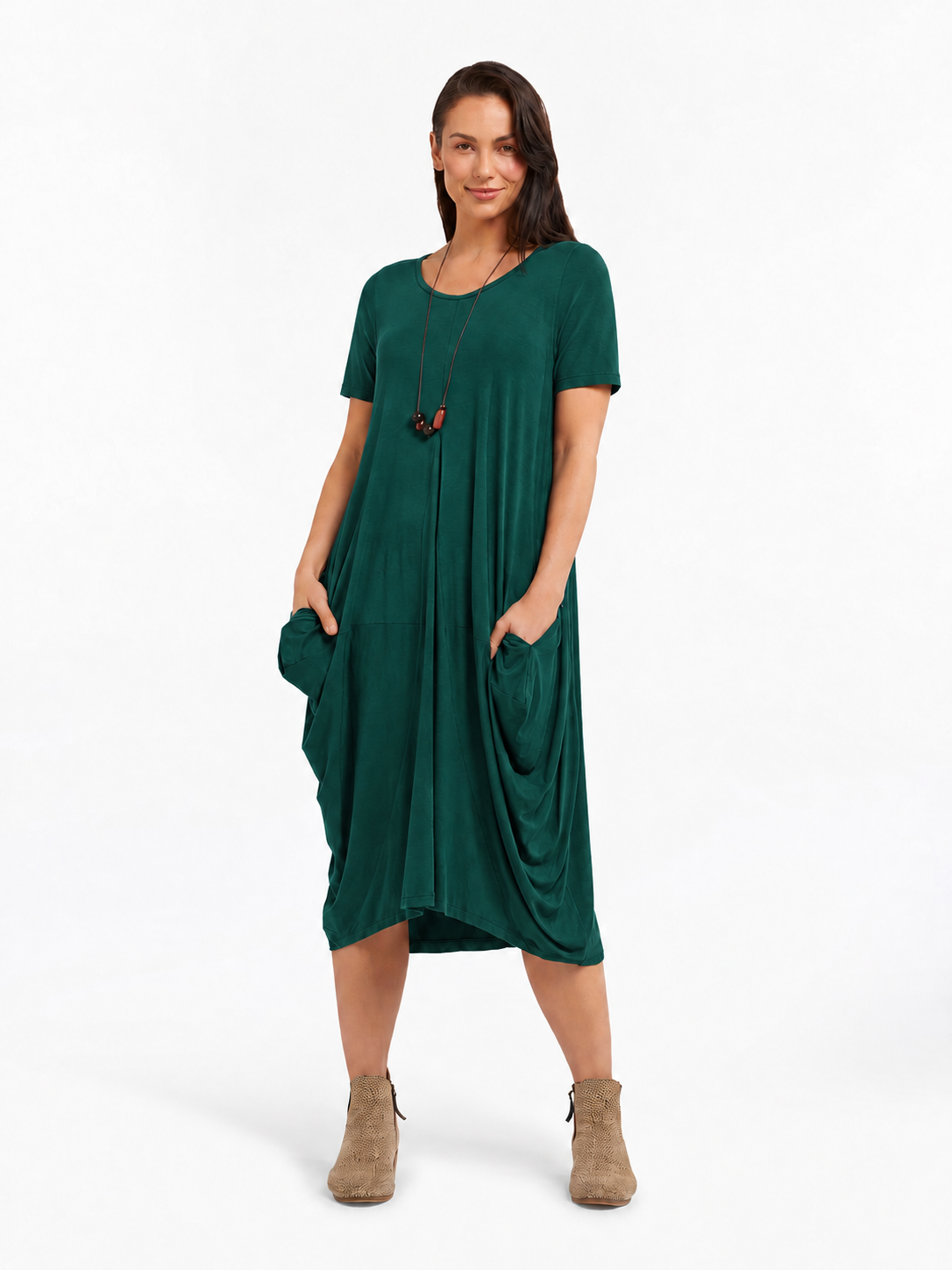 Lani short sleeve tulip dress in Pine Green — front view