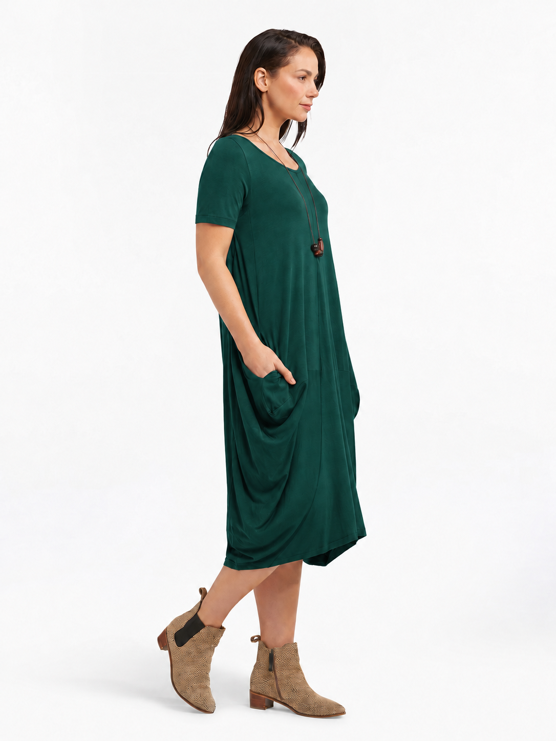 Lani short sleeve tulip dress in Pine Green — side view