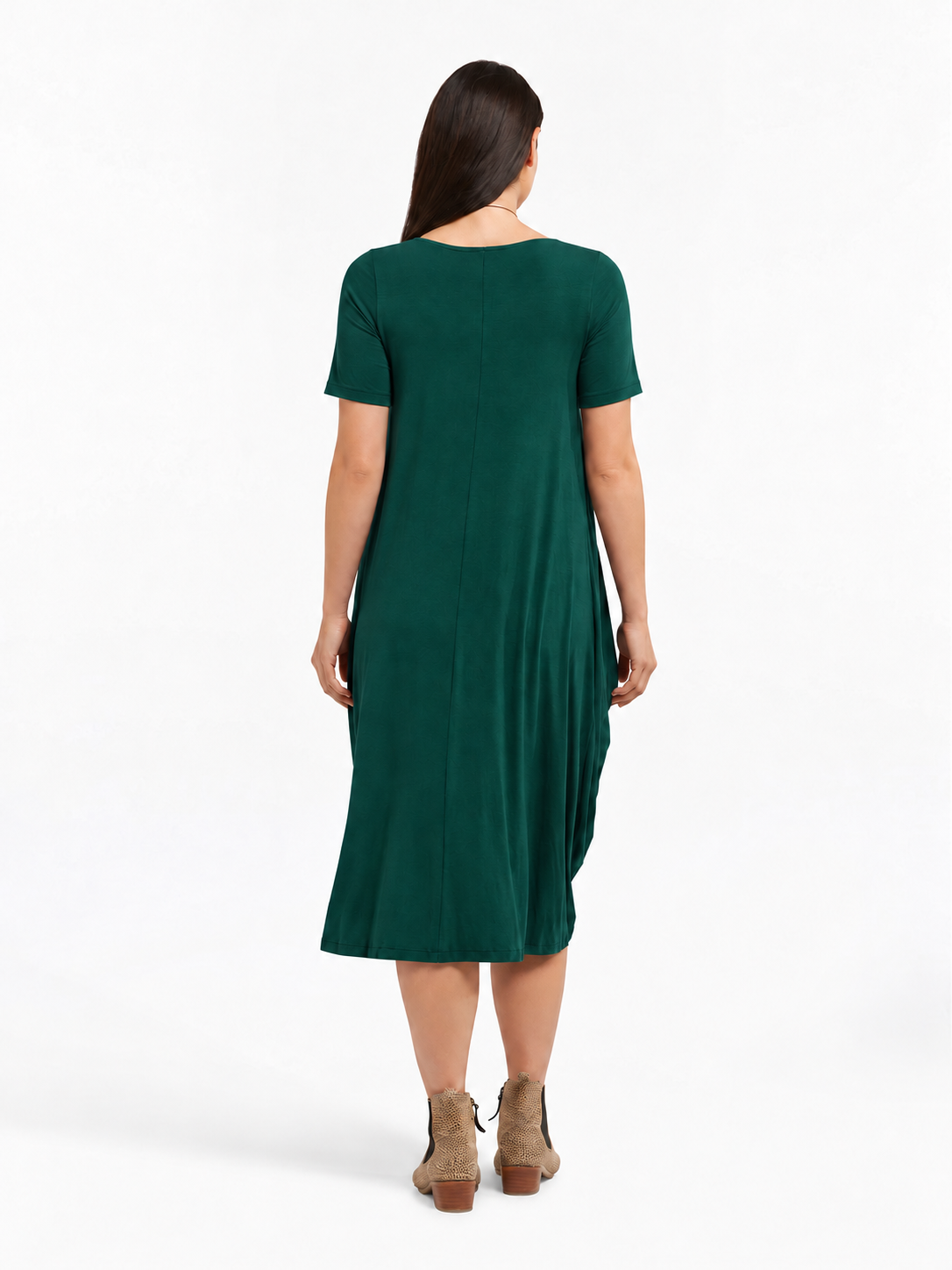 Lani short sleeve tulip dress in Pine Green — back view