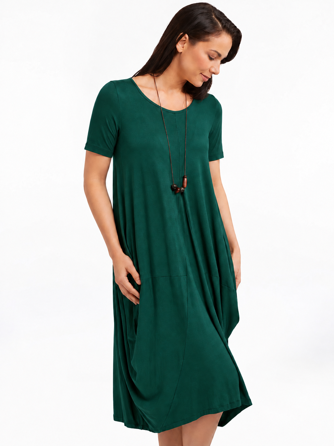 Lani short sleeve tulip dress in Pine Green — detail view