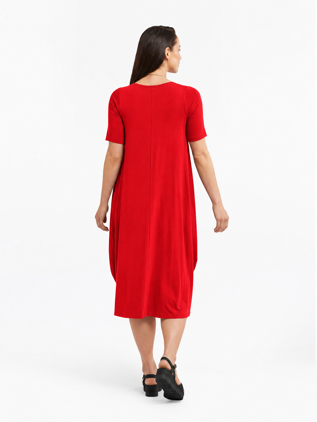 Lani short sleeve tulip dress in Red — back view