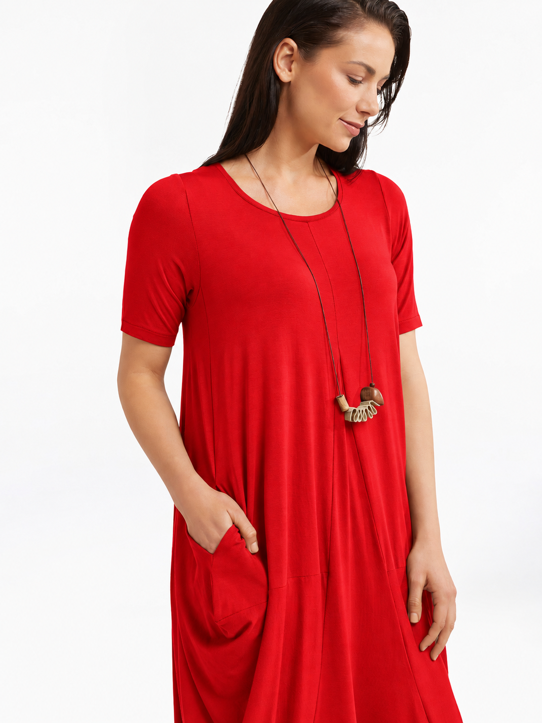 Lani short sleeve tulip dress in Red — detail view