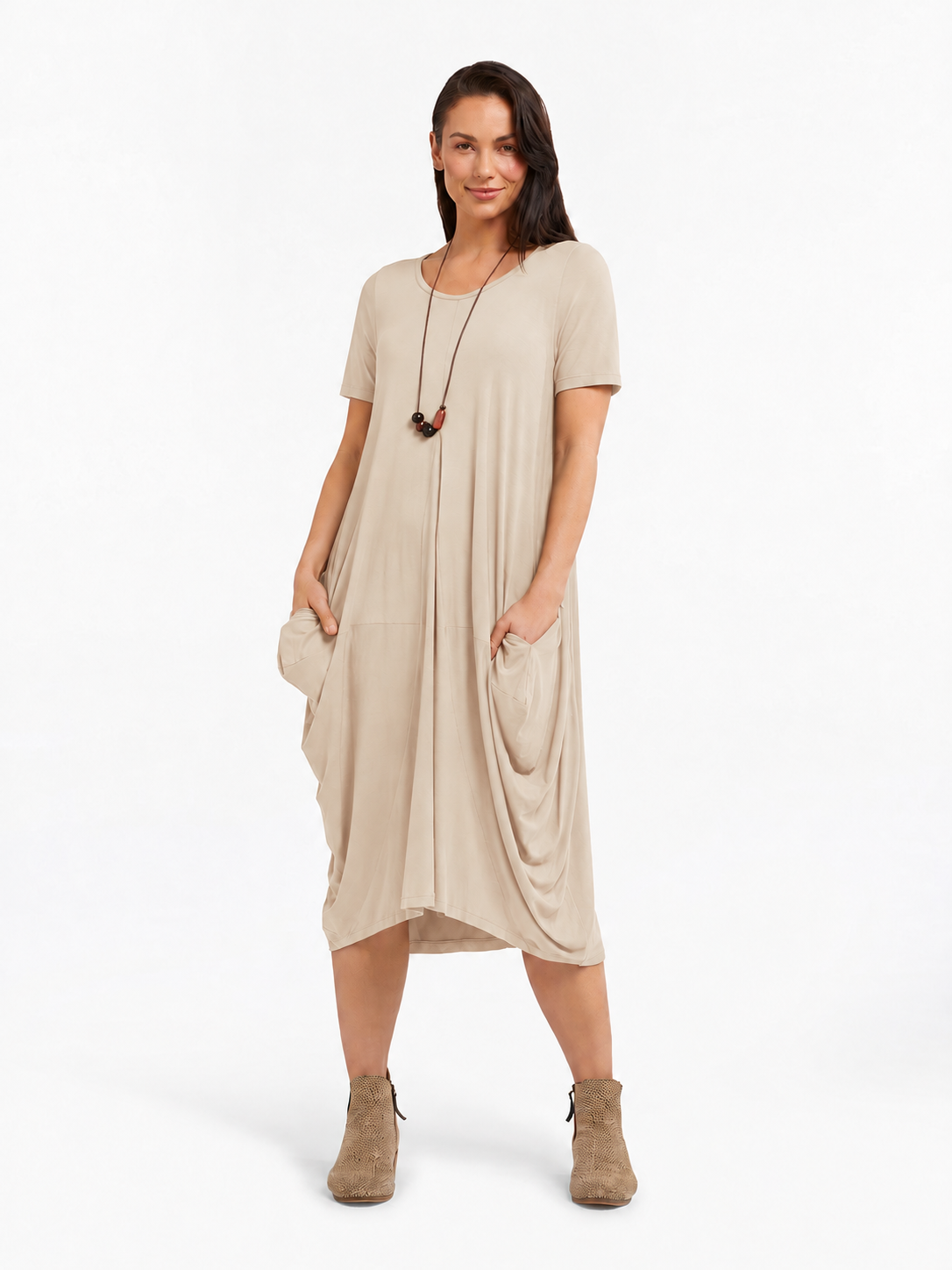 Lani short sleeve tulip dress in Sand Beige — front view