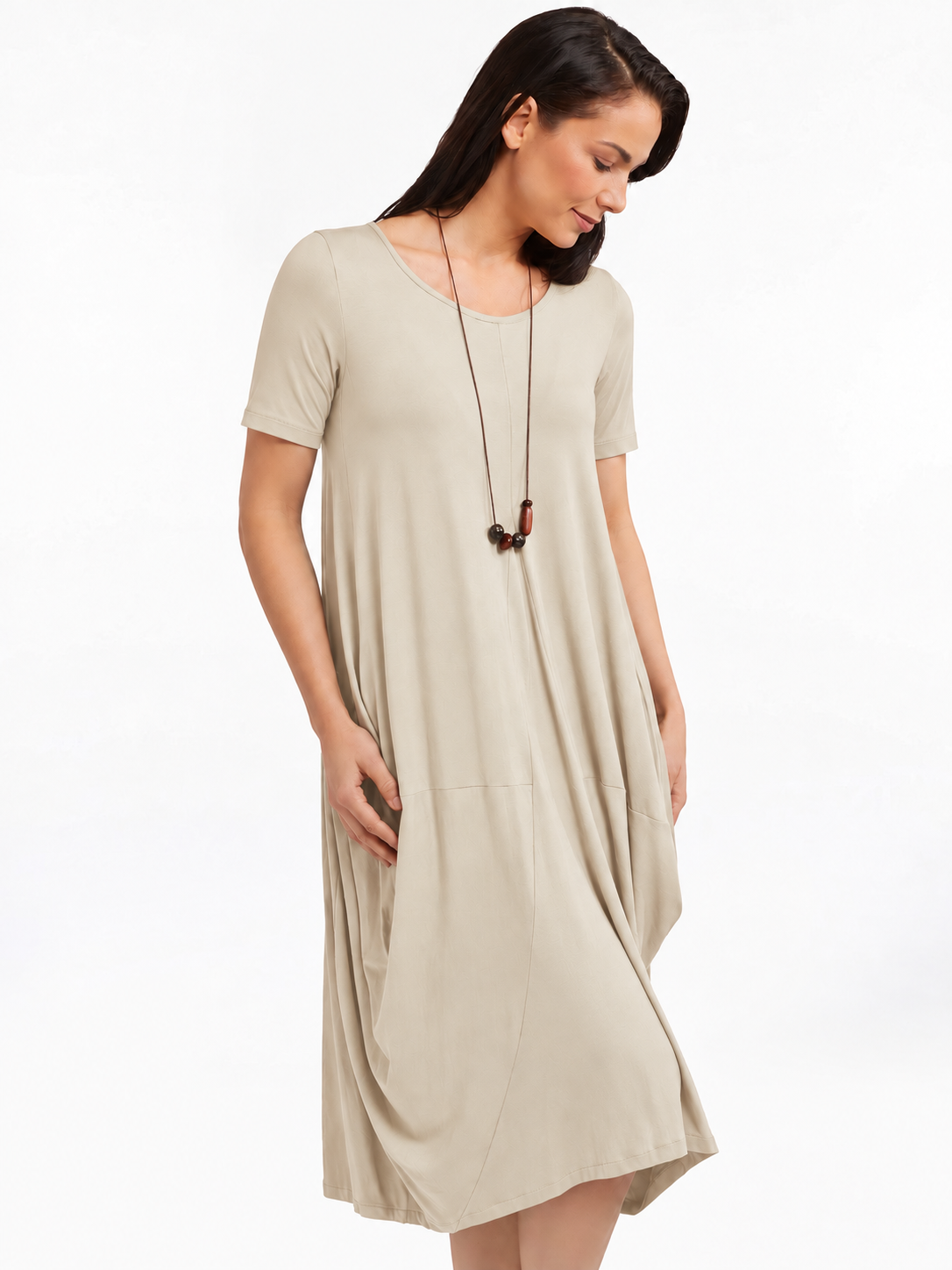 Lani short sleeve tulip dress in Sand Beige — detail view