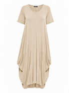Lani short sleeve tulip dress in Sand Beige — product-only view