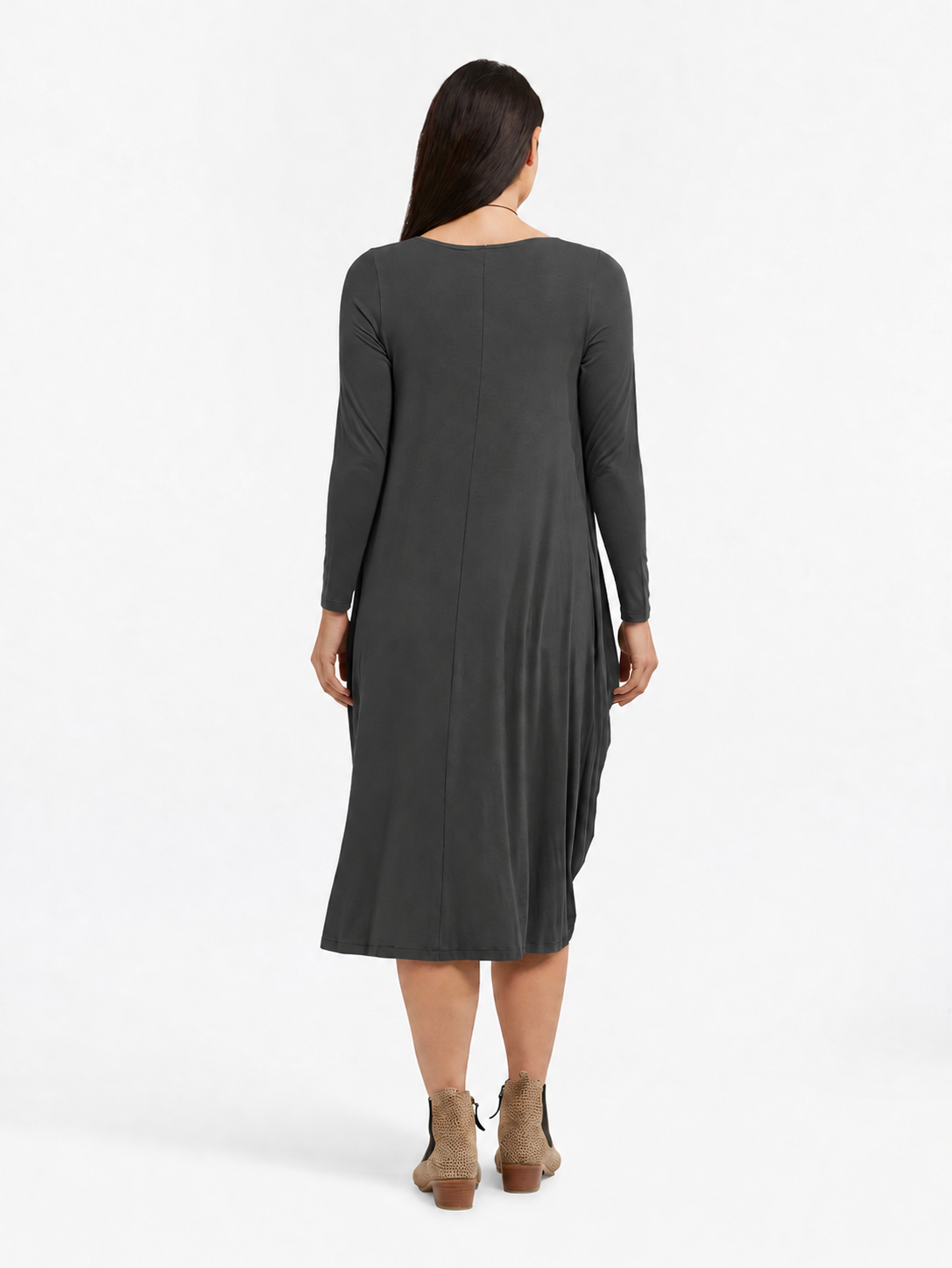 Leilani Dress in Graphite Grey – back view showing the back seam, long sleeves and hemline