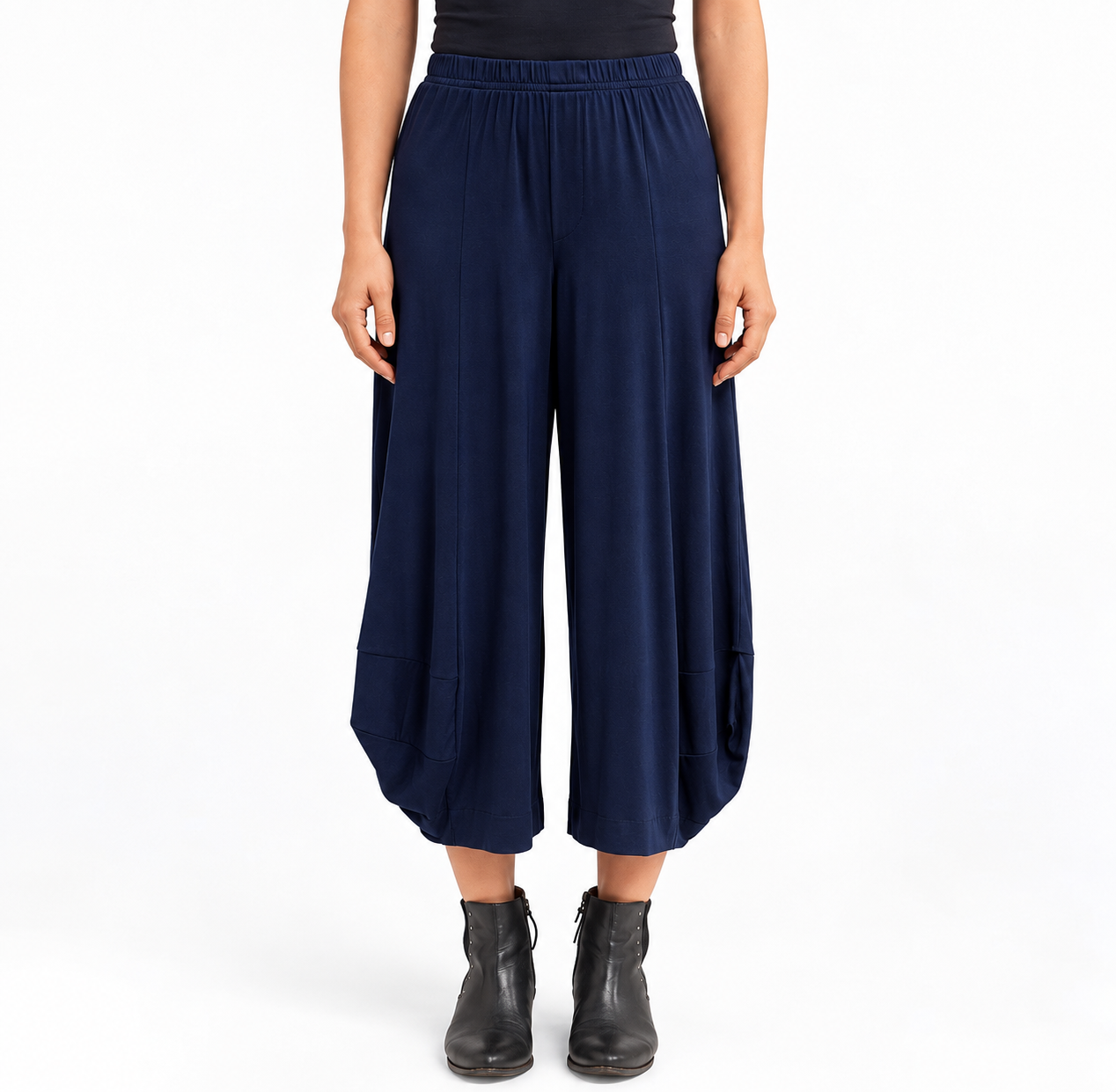 Front view of the Bright Navy Blue Marlee Wide Leg Pants, showing the waistband and cocoon hem.