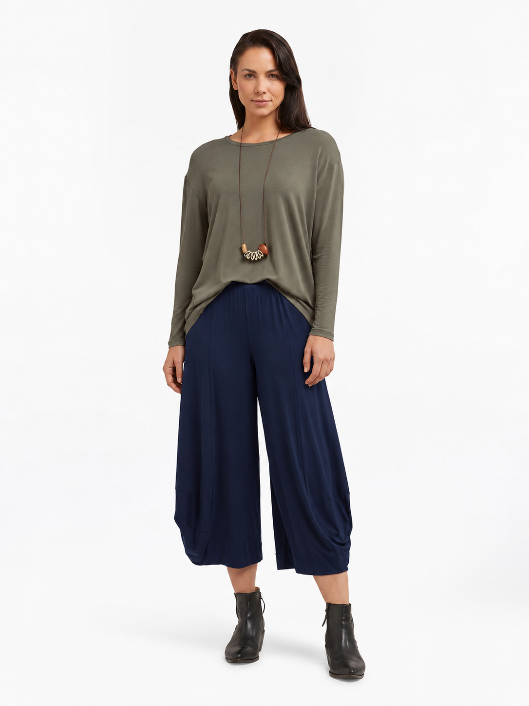 Full-body styled view of the Bright Navy Blue Marlee Wide Leg Pants with a relaxed top and ankle boots.