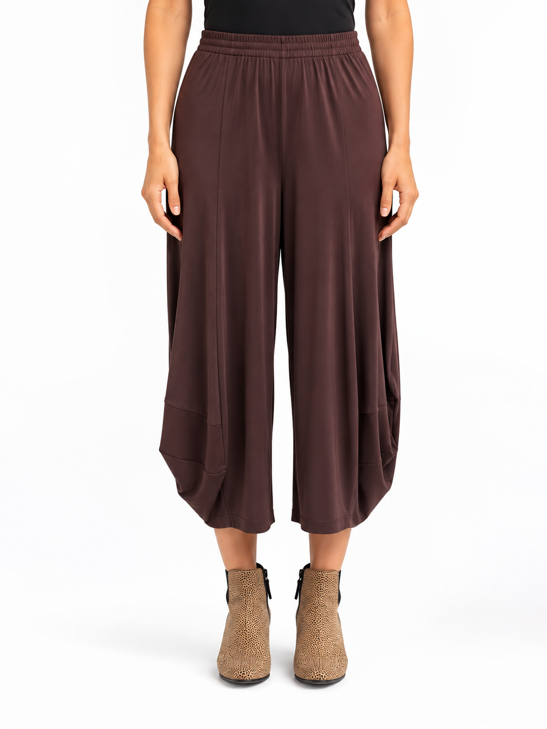 front view of the Cocoa Marlee Wide Leg Pants, showing the waistband and cocoon hem