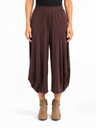 front view of the Cocoa Marlee Wide Leg Pants, showing the waistband and cocoon hem