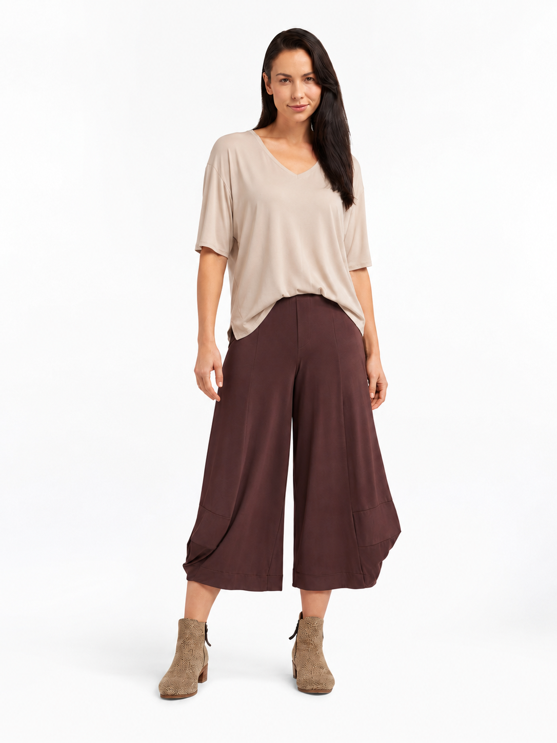 full body styled view of the Cocoa Marlee Wide Leg Pants styled with a relaxed top and ankle boots