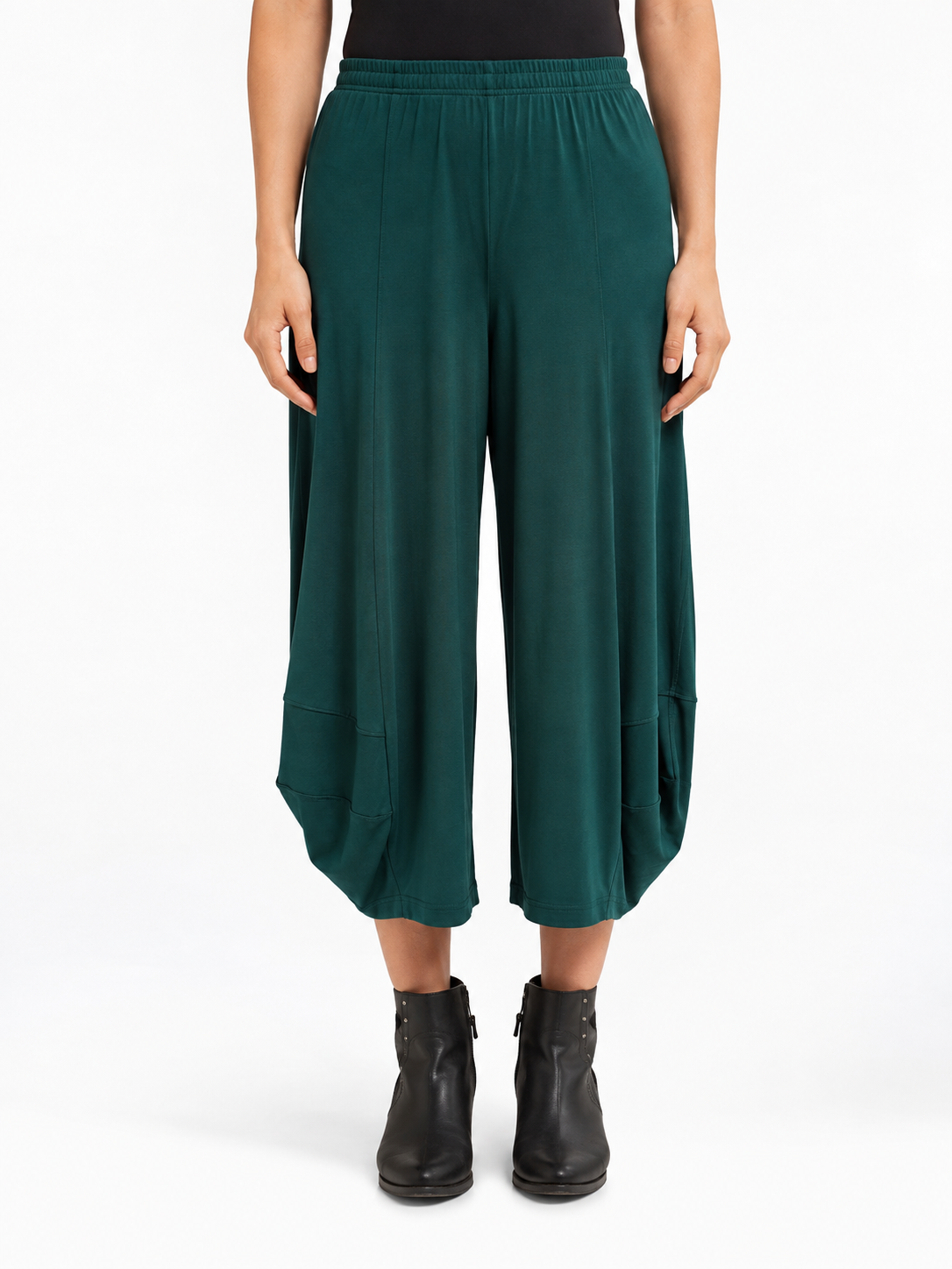 front view of the Pine Green Marlee Wide Leg Pants, showing the waistband and cocoon hem