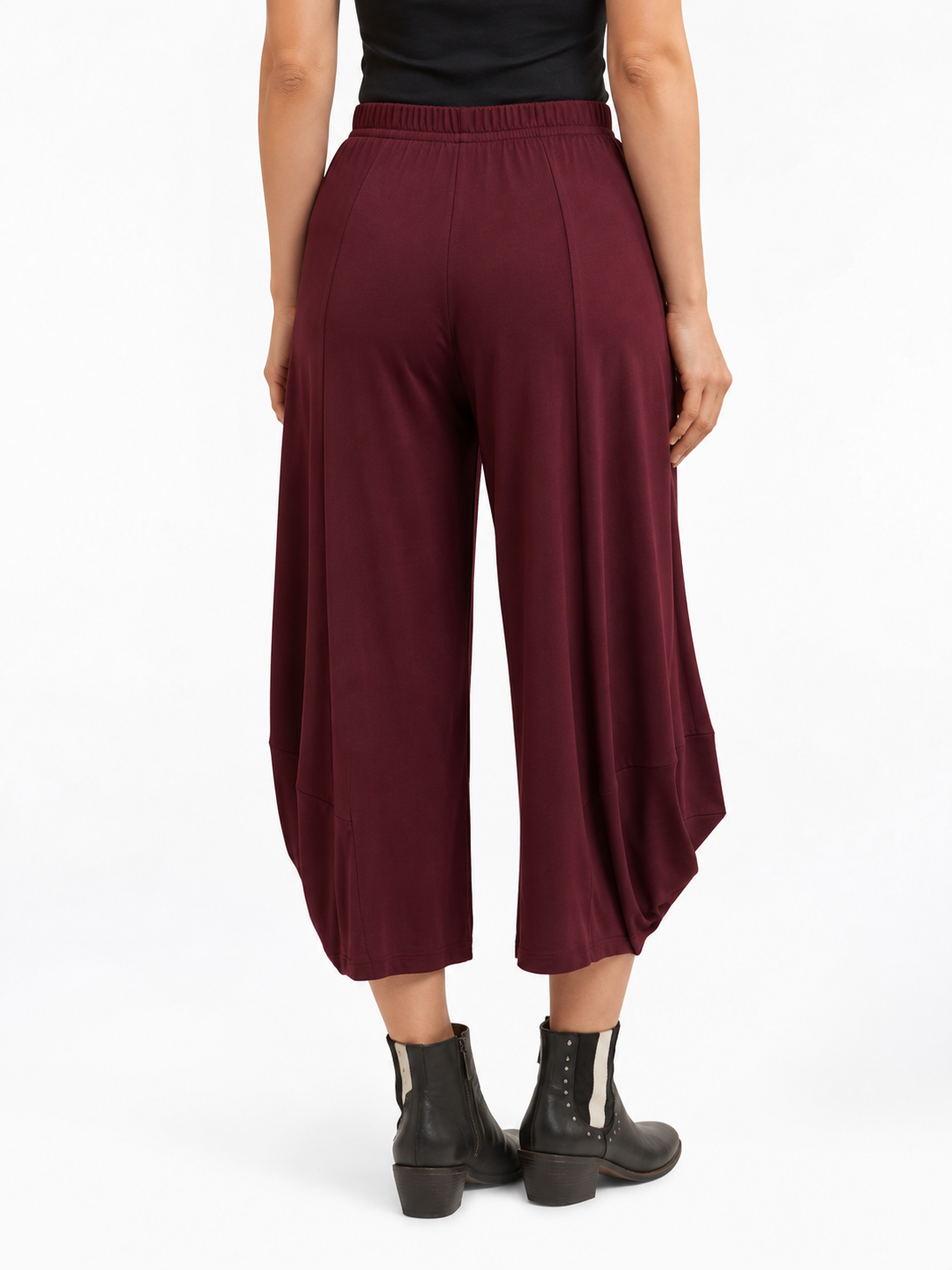 back view of the Shiraz Red Marlee Wide Leg Pants, showing the back fit and cocoon hem
